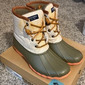 Sperry Olive and Tan Duck Boots